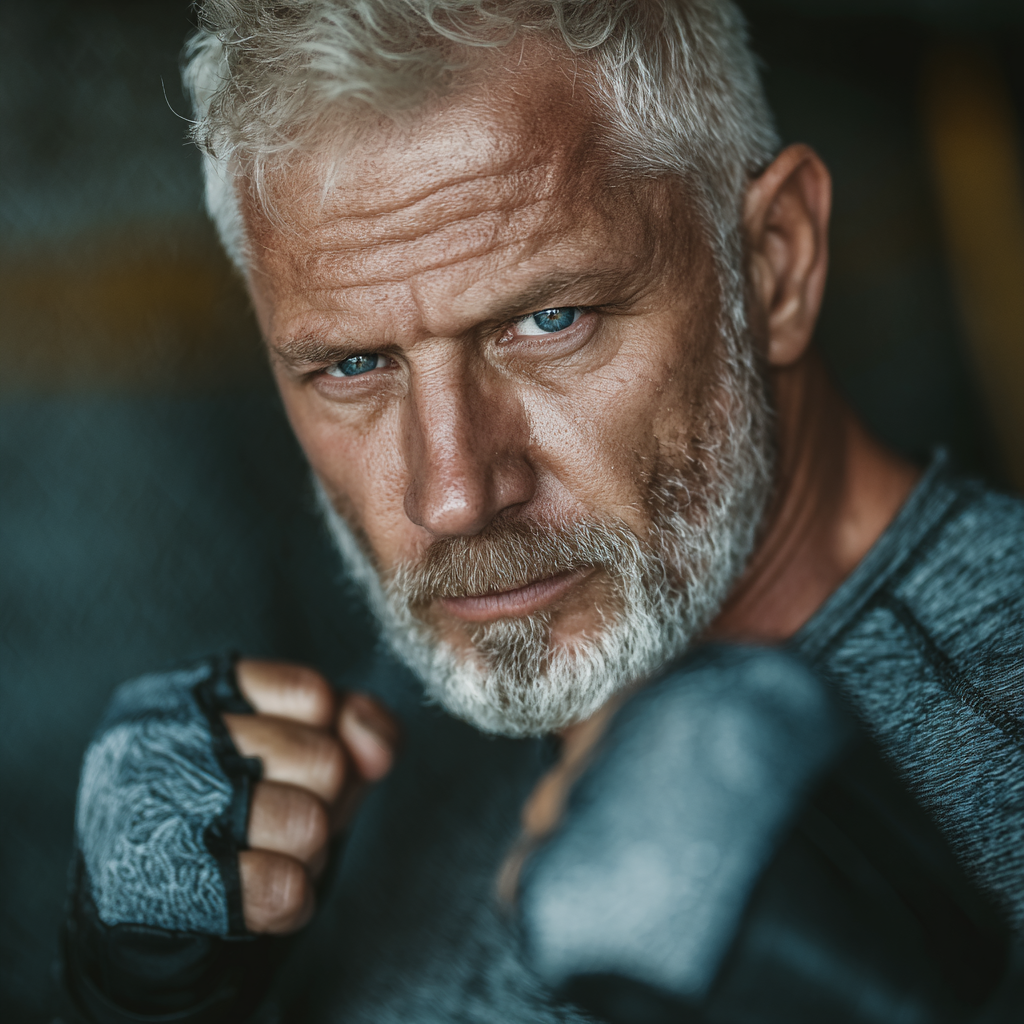 Smiling middle-aged Ukrainian woman in athletic wear performing strength exercise with dumbbells in modern gym setting
