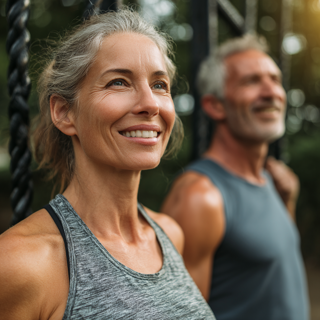 Professional Ukrainian office worker in business attire doing desk stretches and simple exercises in modern office environment, smiling and energetic